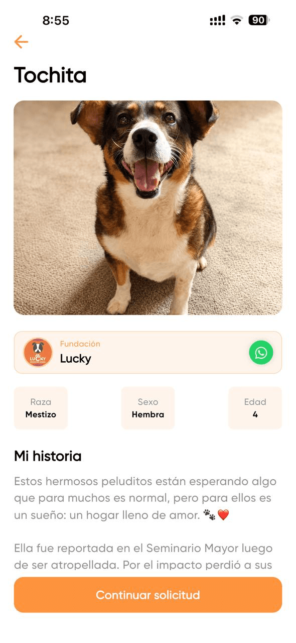Pantalla de adopción en PetVetfy — perfil de Tochita con Fundación Lucky