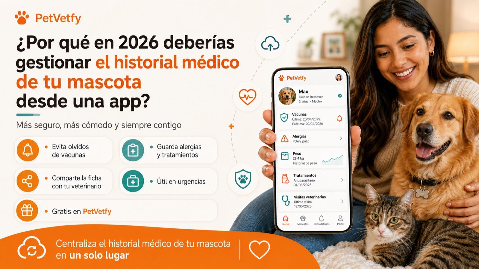 Persona gestionando el historial médico de su mascota desde la app PetVetfy en el móvil